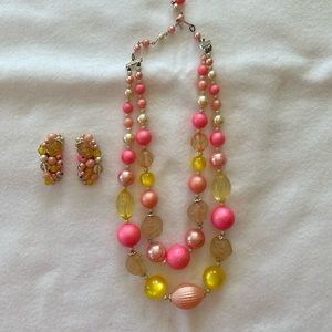 Vintage Pink & Yellow Double Strand Beaded Necklace with Matching Clip E…
